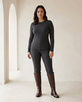 Chocolate knee-high boots on model, front view | Maison Perigee — front