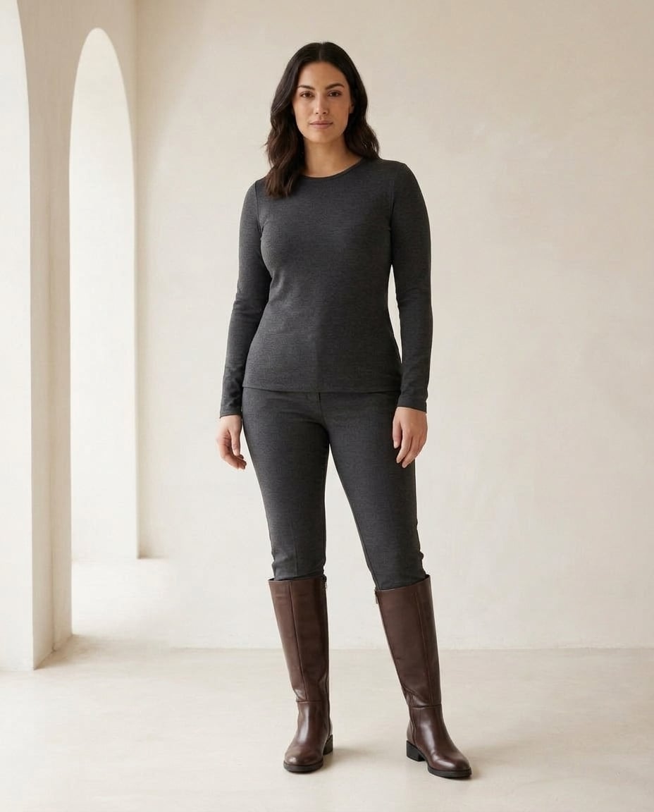 Chocolate knee-high boots on model, front view | Maison Perigee — front
