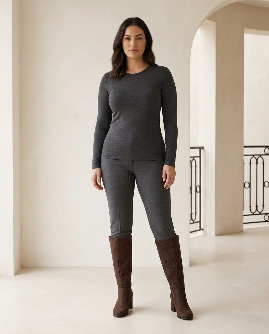 Brown knee-high boots on model, front view | Maison Perigee — front