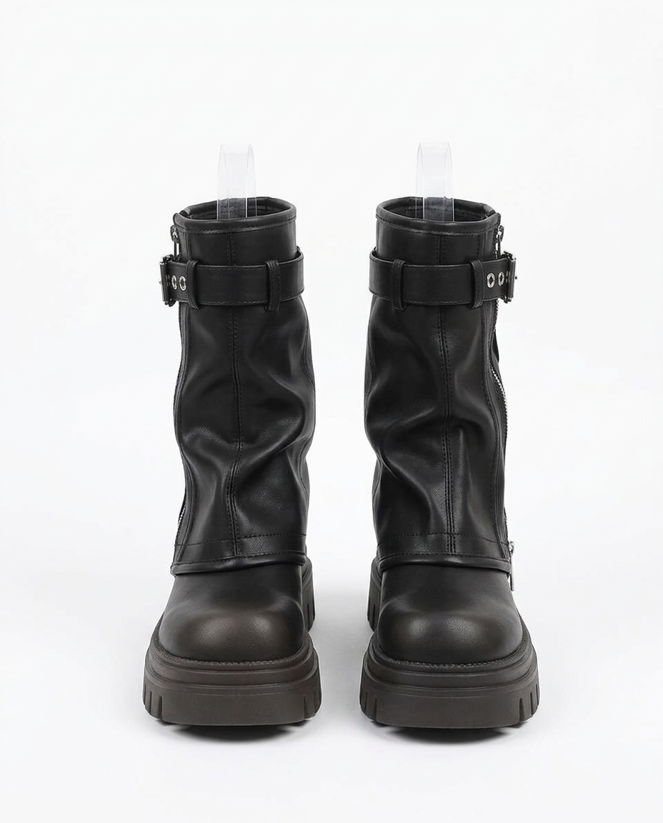 Chloe - Edgy Belt Buckle Platform Biker Boots - flat lay