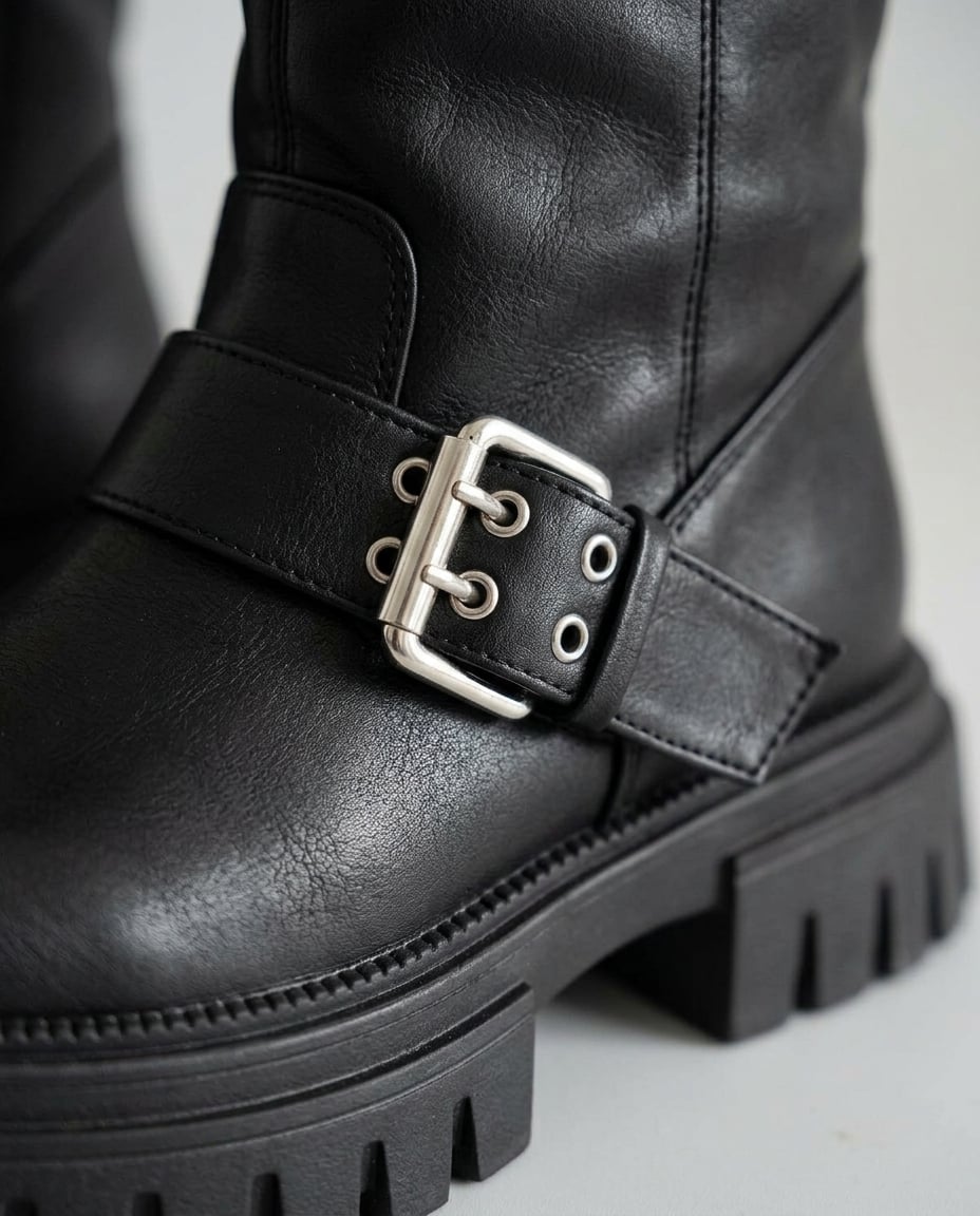 Chloe - Edgy Belt Buckle Platform Biker Boots - detail close-up
