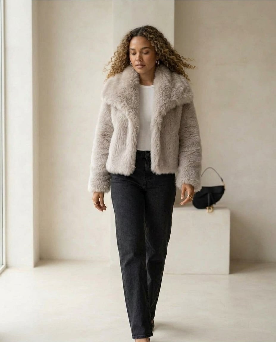Zara | Elegant Faux Fur Jacket for Autumn/Winter in Light Gray — Maison Perigee — front
