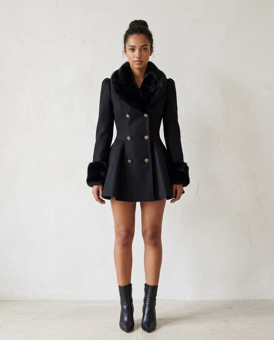 Ella | Dramatic Black Fit-and-Flare Wool Coat with Faux Fur Trim for Winter - front view