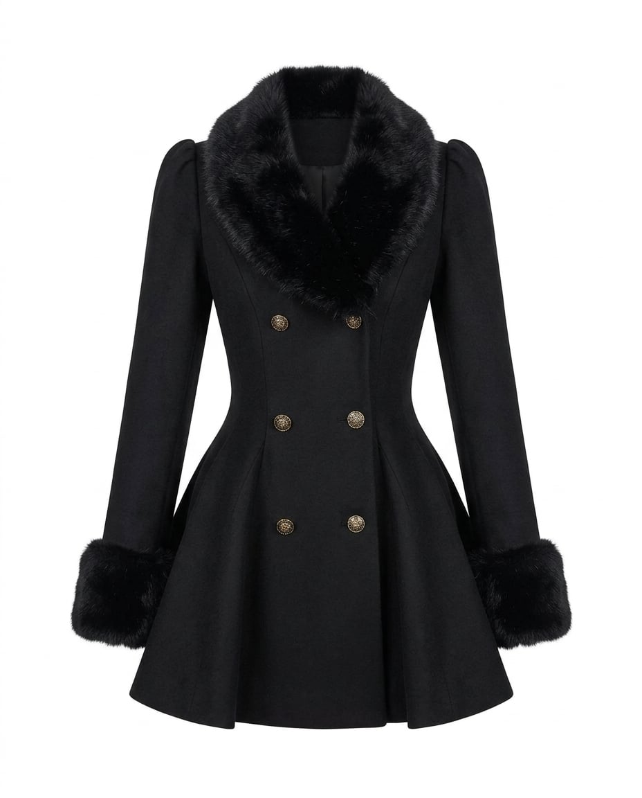 Ella | Dramatic Black Fit-and-Flare Wool Coat with Faux Fur Trim for Winter - flat lay
