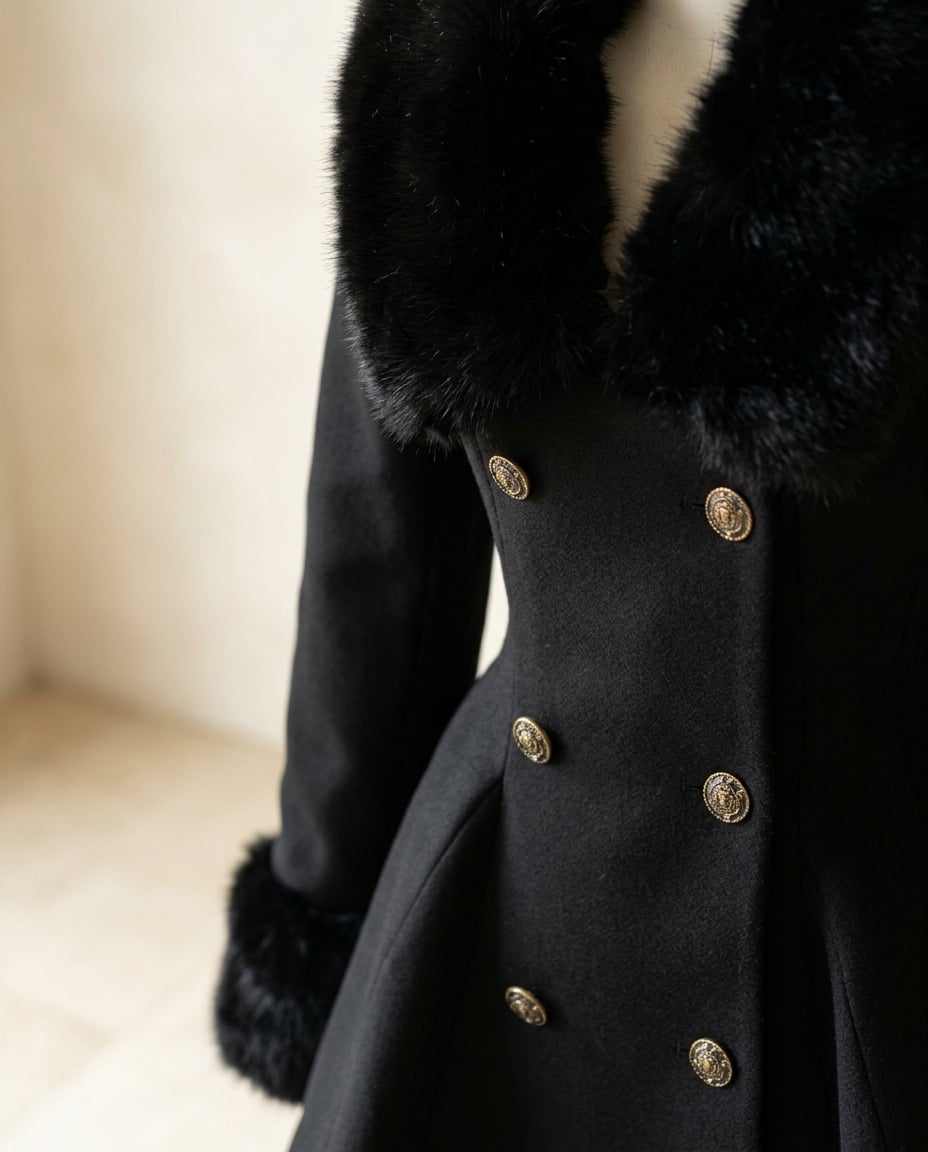 Ella | Dramatic Black Fit-and-Flare Wool Coat with Faux Fur Trim for Winter - detail close-up