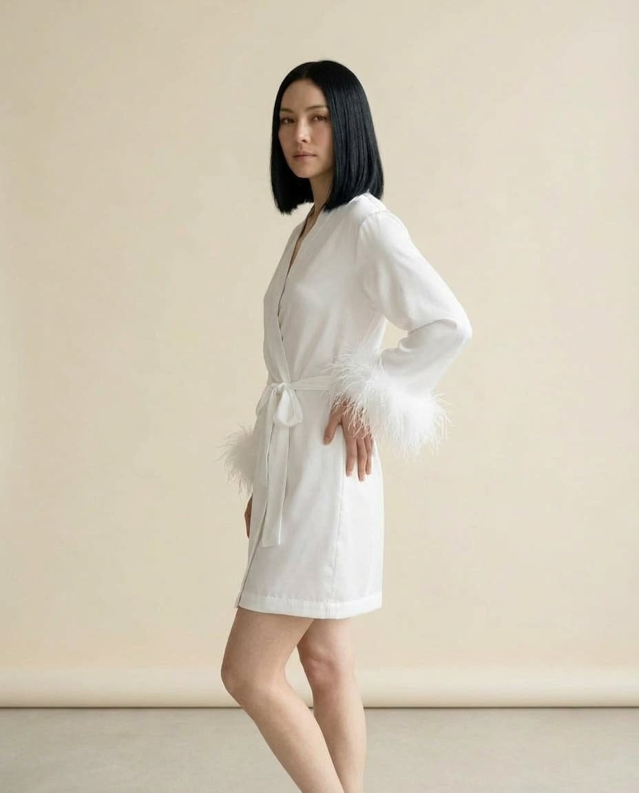 Ella | Elegant Feather-Trim Robe for Autumn/Winter — side | Maison Perigee