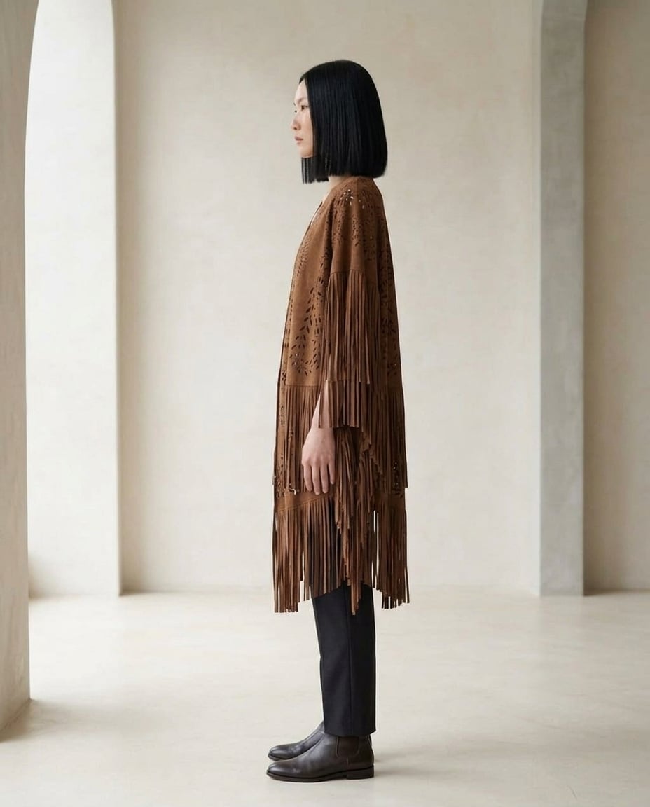 Ella | Elegant Fringed Cape for Autumn - Side View