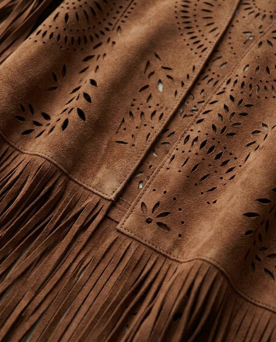Ella | Elegant Fringed Cape for Autumn - Detail Close-Up