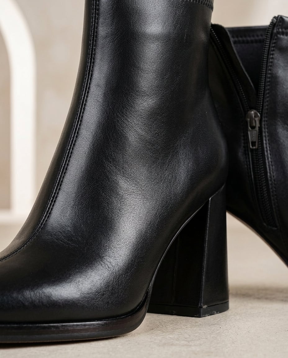 Black ankle boots material and heel detail | Maison Perigee — detail