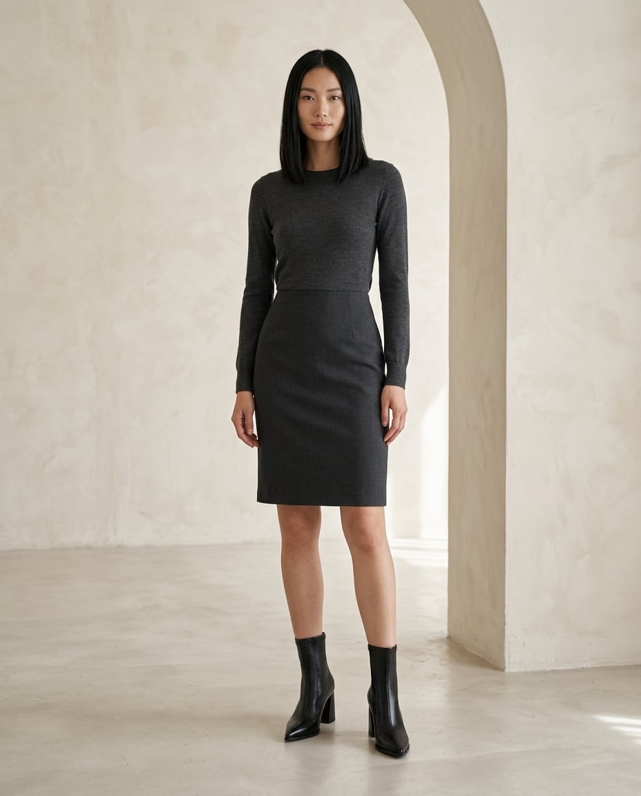 Black ankle boots on model, front view | Maison Perigee — front