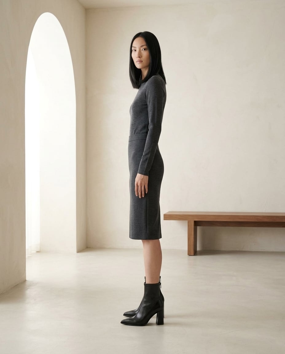 Black ankle boots on model, side profile | Maison Perigee — side
