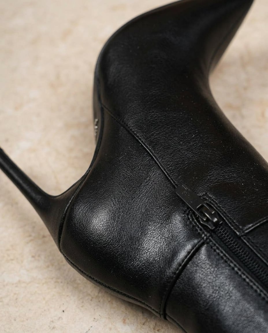 Black knee-high boots material and heel detail | Maison Perigee — detail