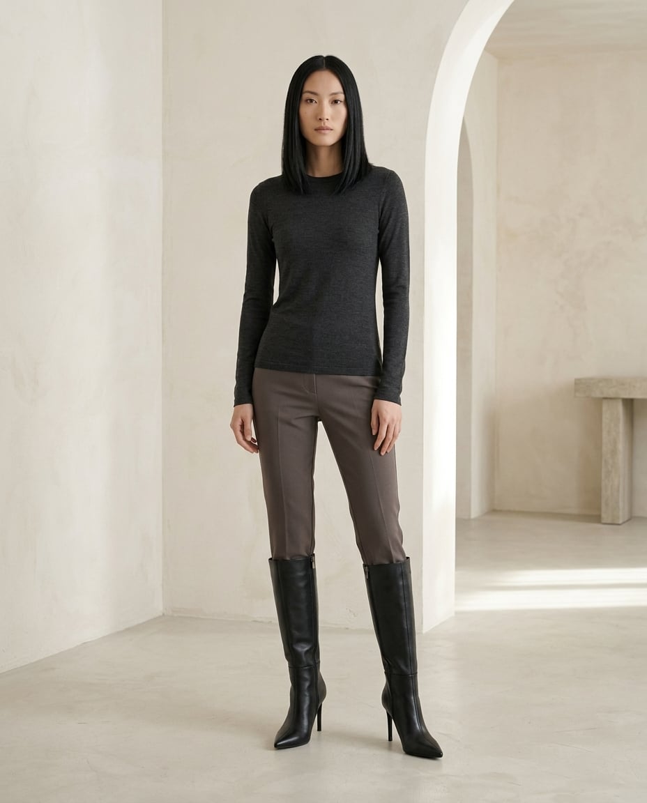 Black knee-high boots on model, front view | Maison Perigee — front