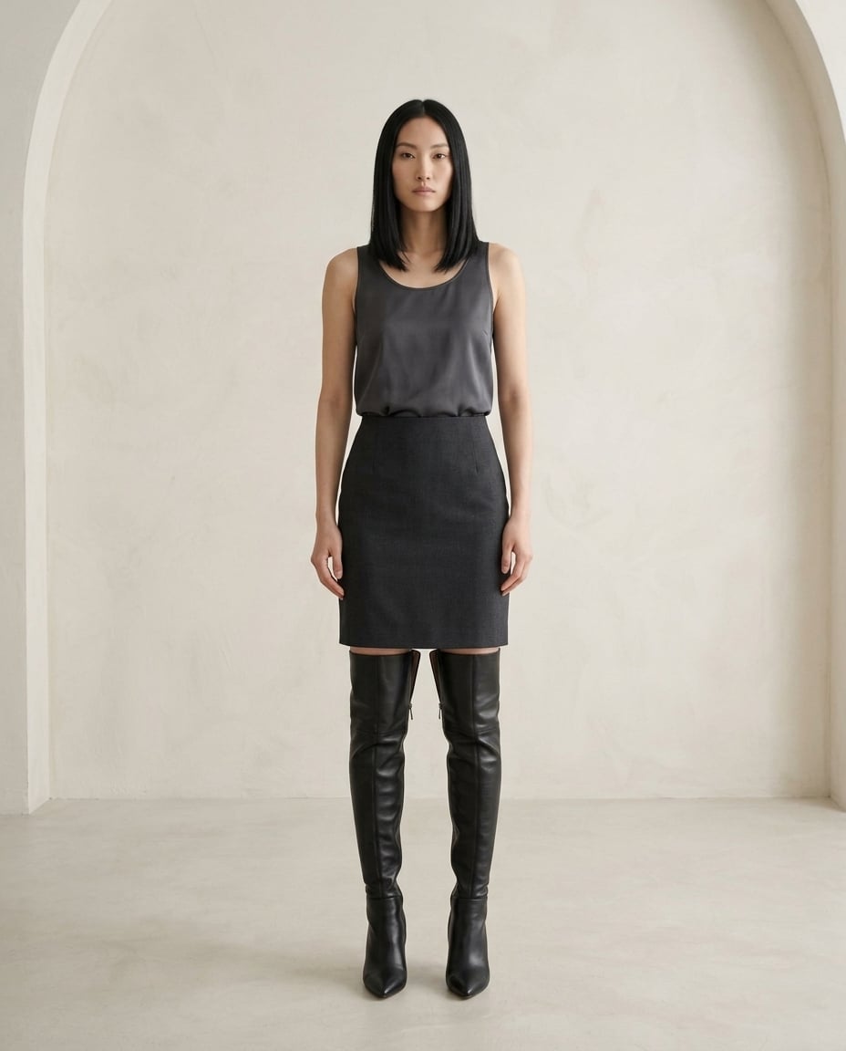 Black over-the-knee boots on model, front view | Maison Perigee — front