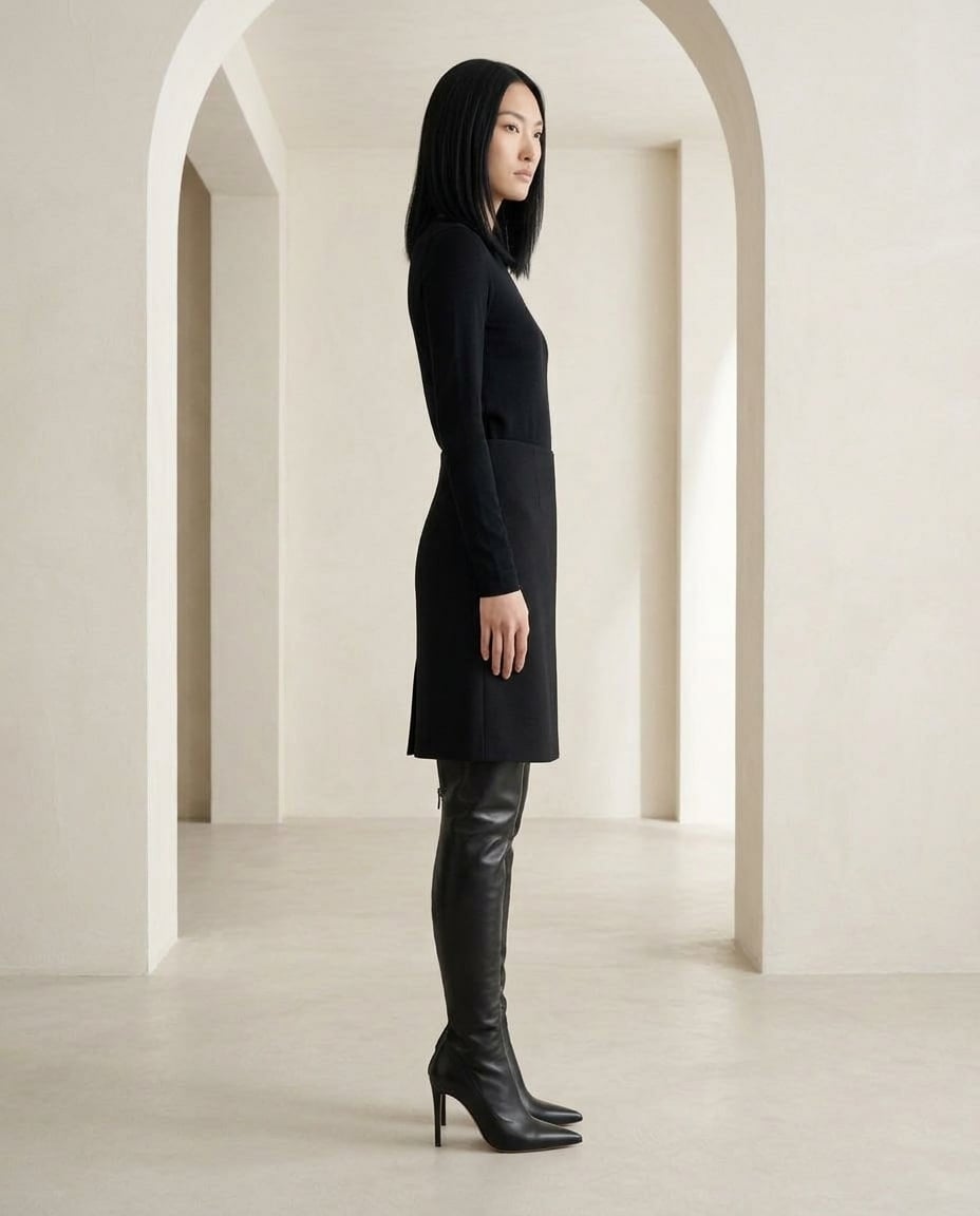 Black over-the-knee boots on model, side profile | Maison Perigee — side