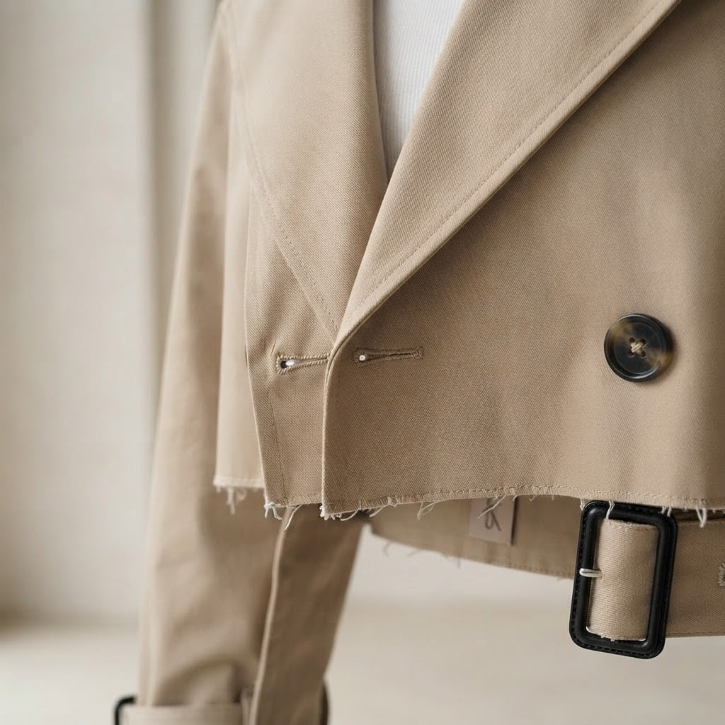 Ella | Timeless Cropped Trench for Autumn - Detail Close-Up