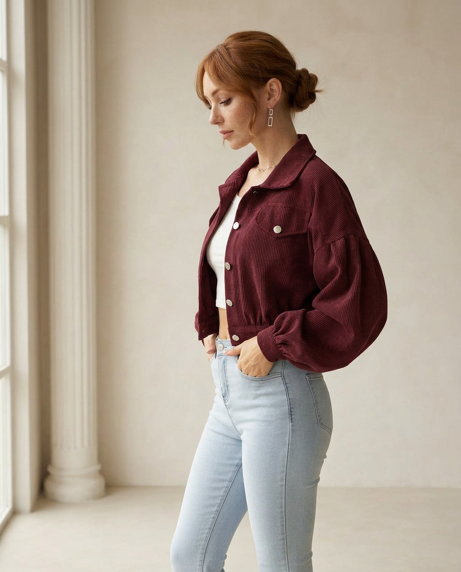 Isla | Refined Corduroy Jacket for Autumn/Winter - Burgundy Side View