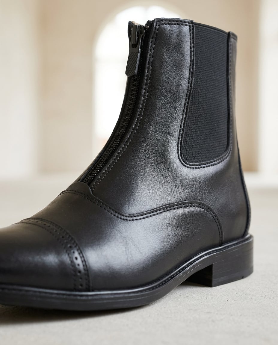 Black ankle boots material and heel detail | Maison Perigee — detail