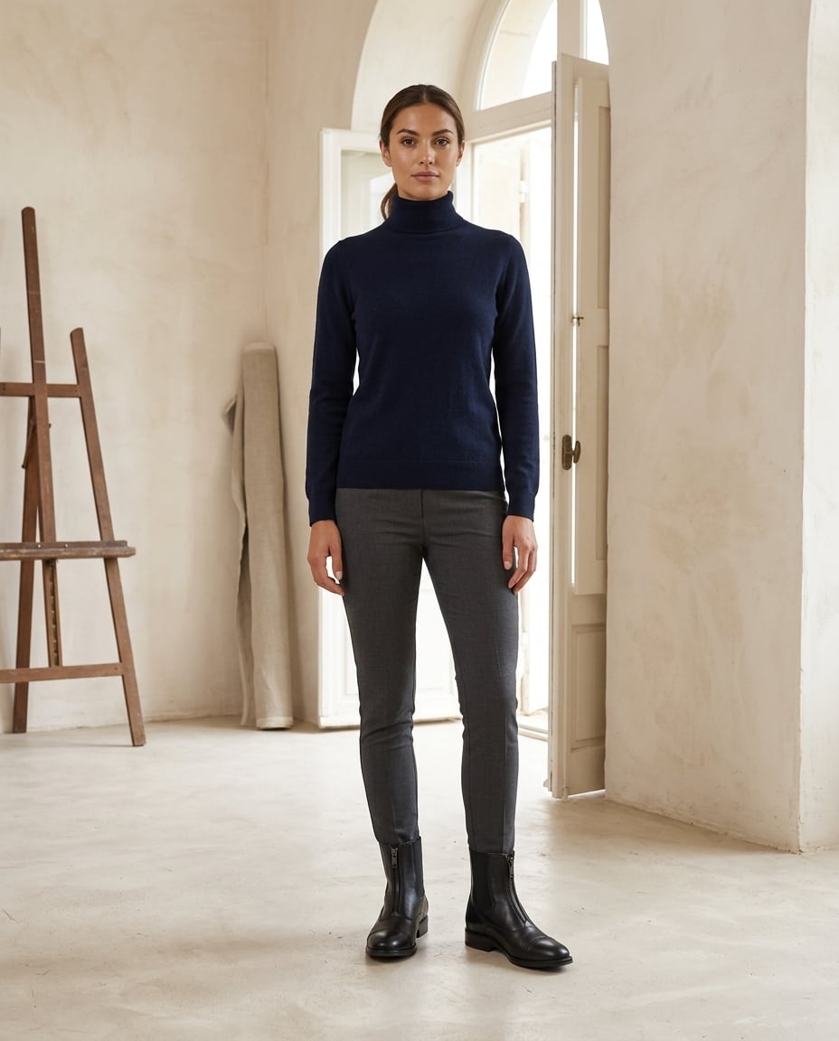 Black ankle boots on model, front view | Maison Perigee — front