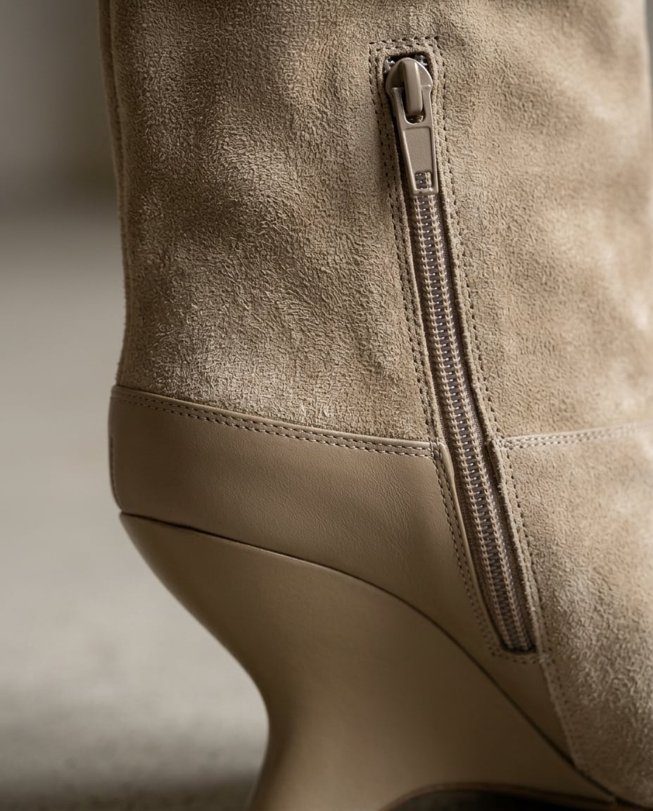 Taupe knee-high boots material and heel detail | Maison Perigee — detail