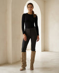 Taupe knee-high boots on model, front view | Maison Perigee — front
