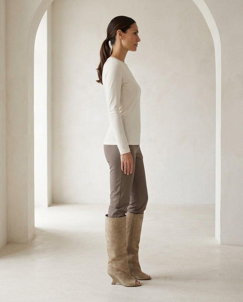 Taupe knee-high boots on model, side profile | Maison Perigee — side