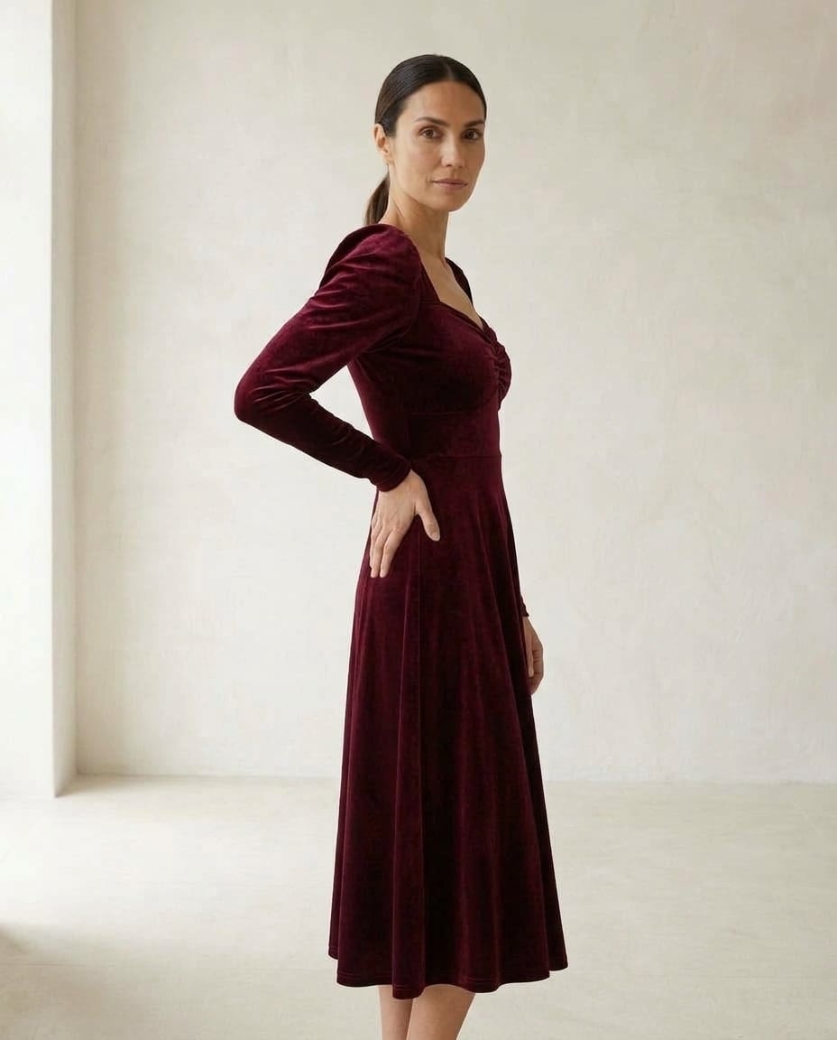 Freya | Elegant Velvet Midi Dress for Autumn/Winter — side | Maison Perigee