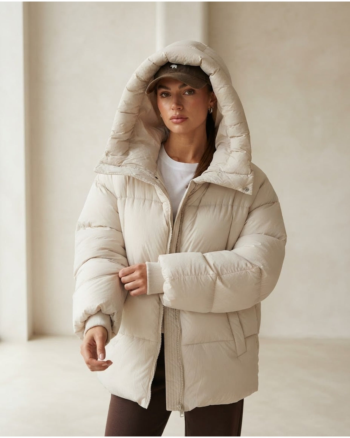 Freya | Sophisticated Hooded Puffer Coat for Winter - Front View