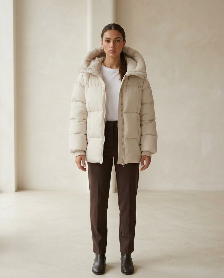 Freya | Sophisticated Hooded Puffer Coat for Winter - Cream - Front View