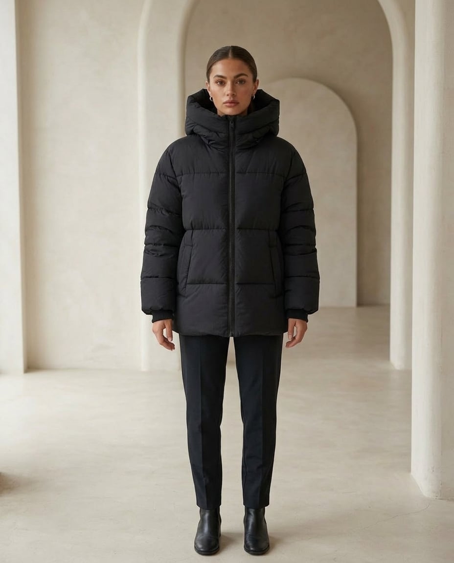 Freya | Sophisticated Hooded Puffer Coat for Winter - Black - Front View