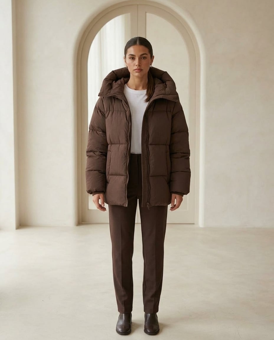 Freya | Sophisticated Hooded Puffer Coat for Winter - Chocolate Brown - Front View