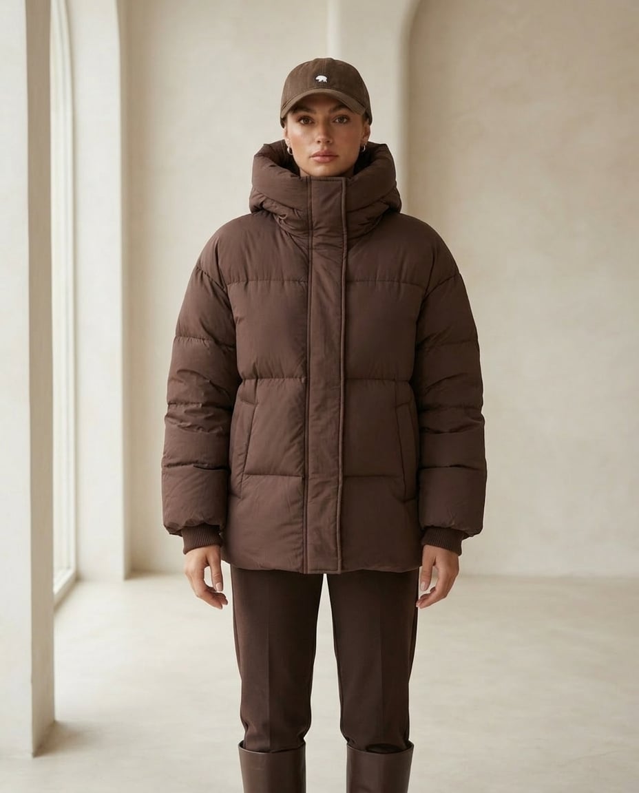 Freya | Sophisticated Hooded Puffer Coat for Winter - Chocolate Brown - Front View