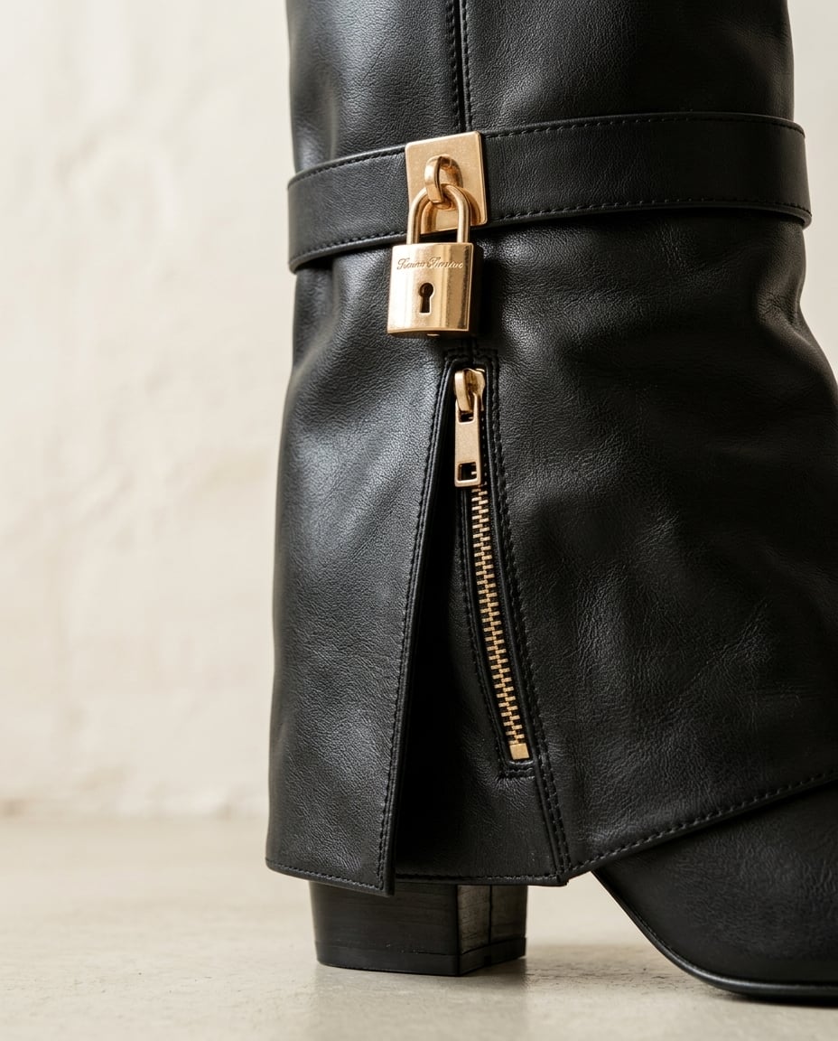 Black knee-high boots material and heel detail | Maison Perigee — detail