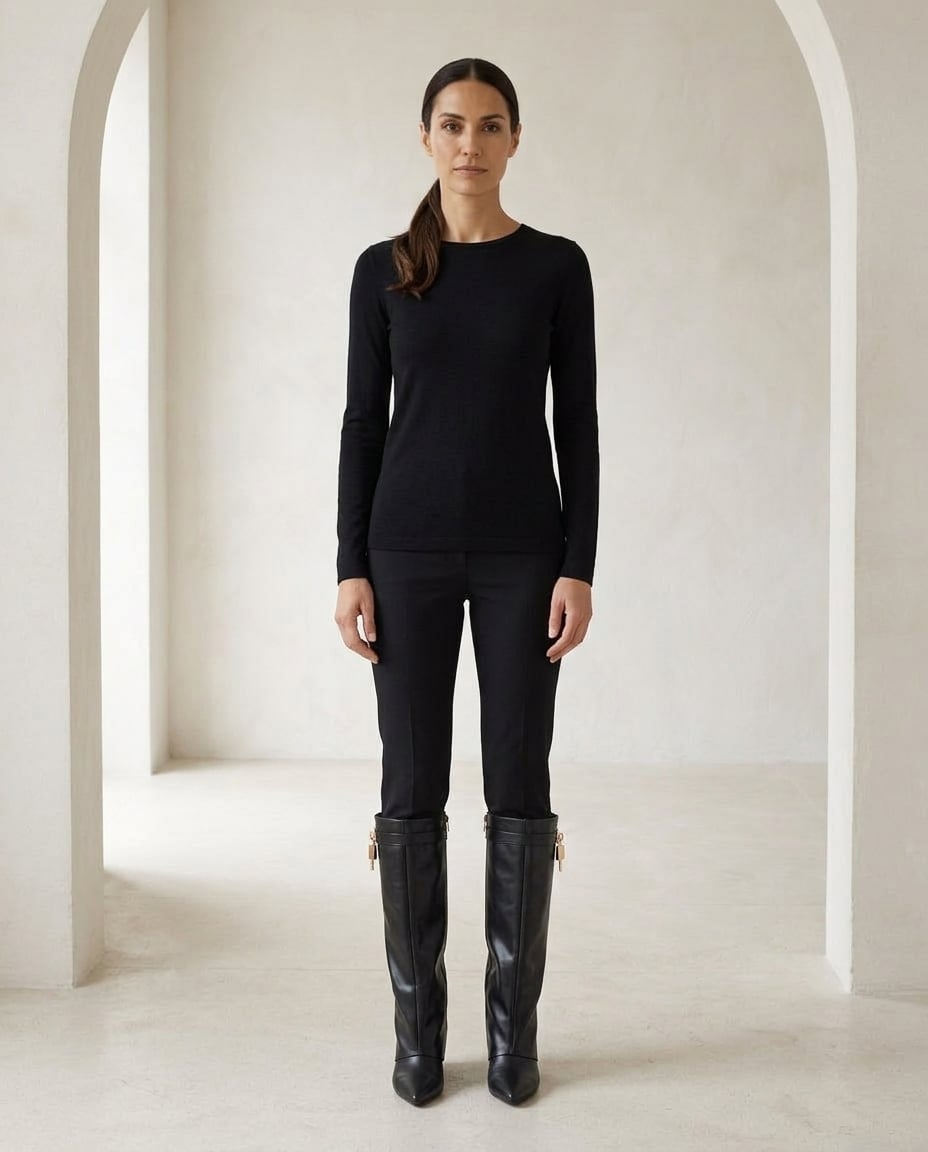 Black knee-high boots on model, front view | Maison Perigee — front