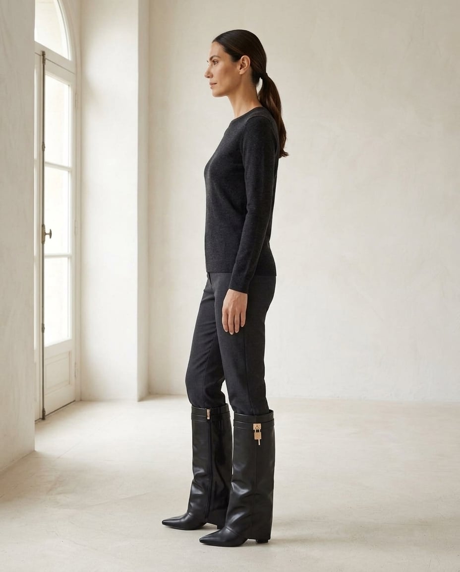 Black knee-high boots on model, side profile | Maison Perigee — side