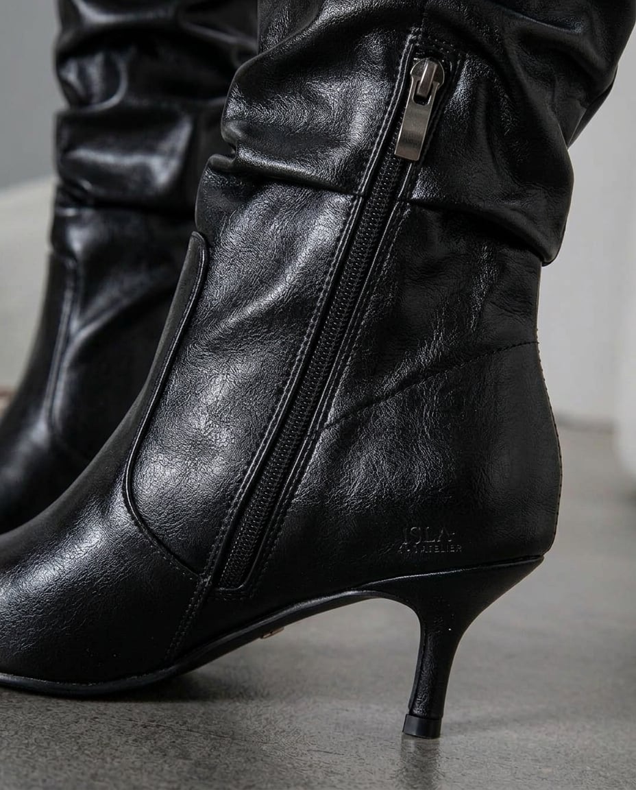 Black knee-high boots material and heel detail | Maison Perigee — detail