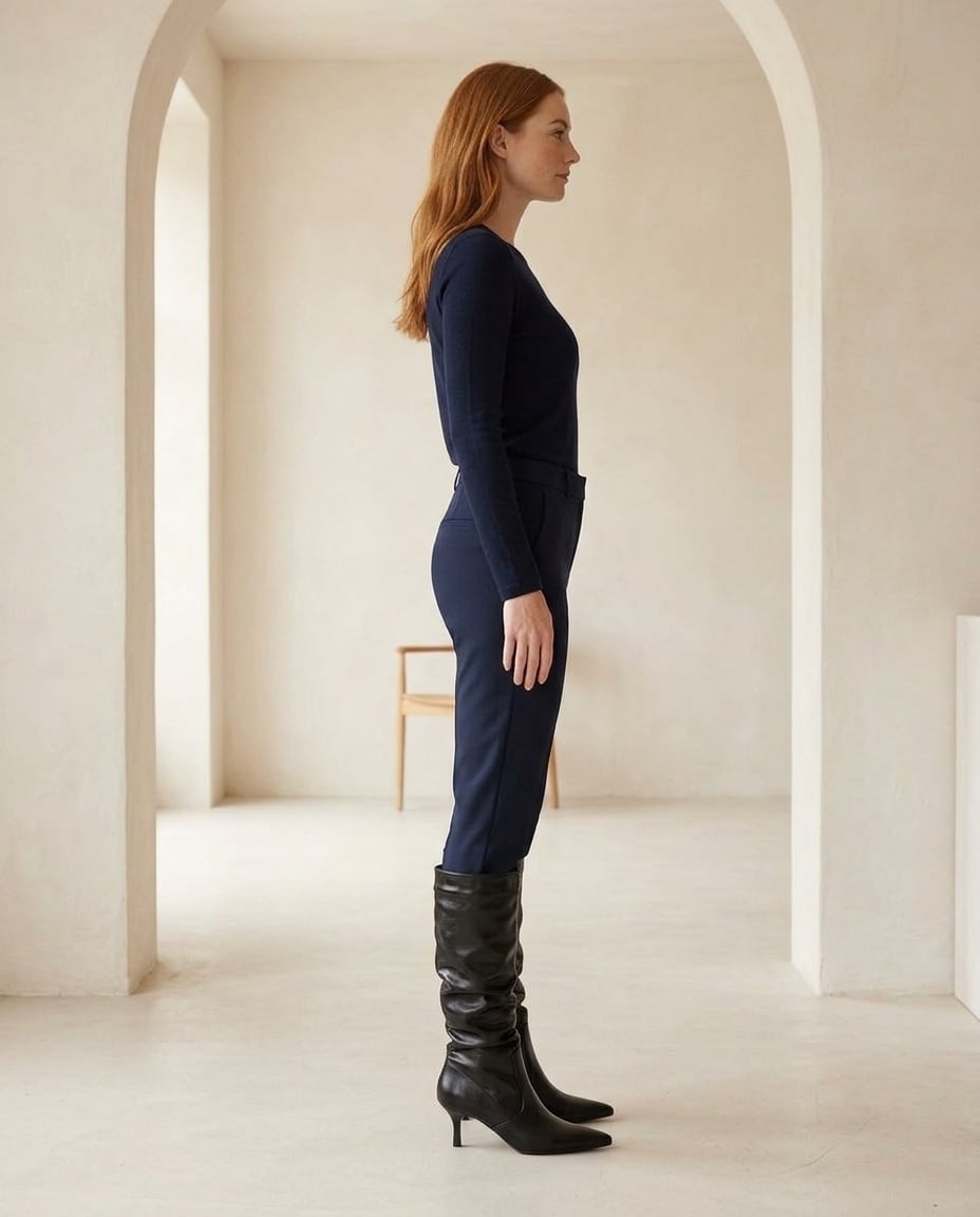 Black knee-high boots on model, side profile | Maison Perigee — side