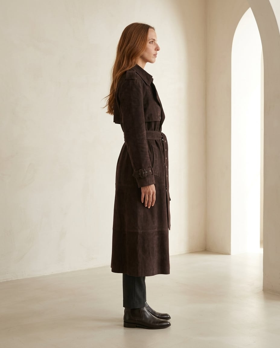 Isla | Elegant Suede Trench Coat for Winter - Side View