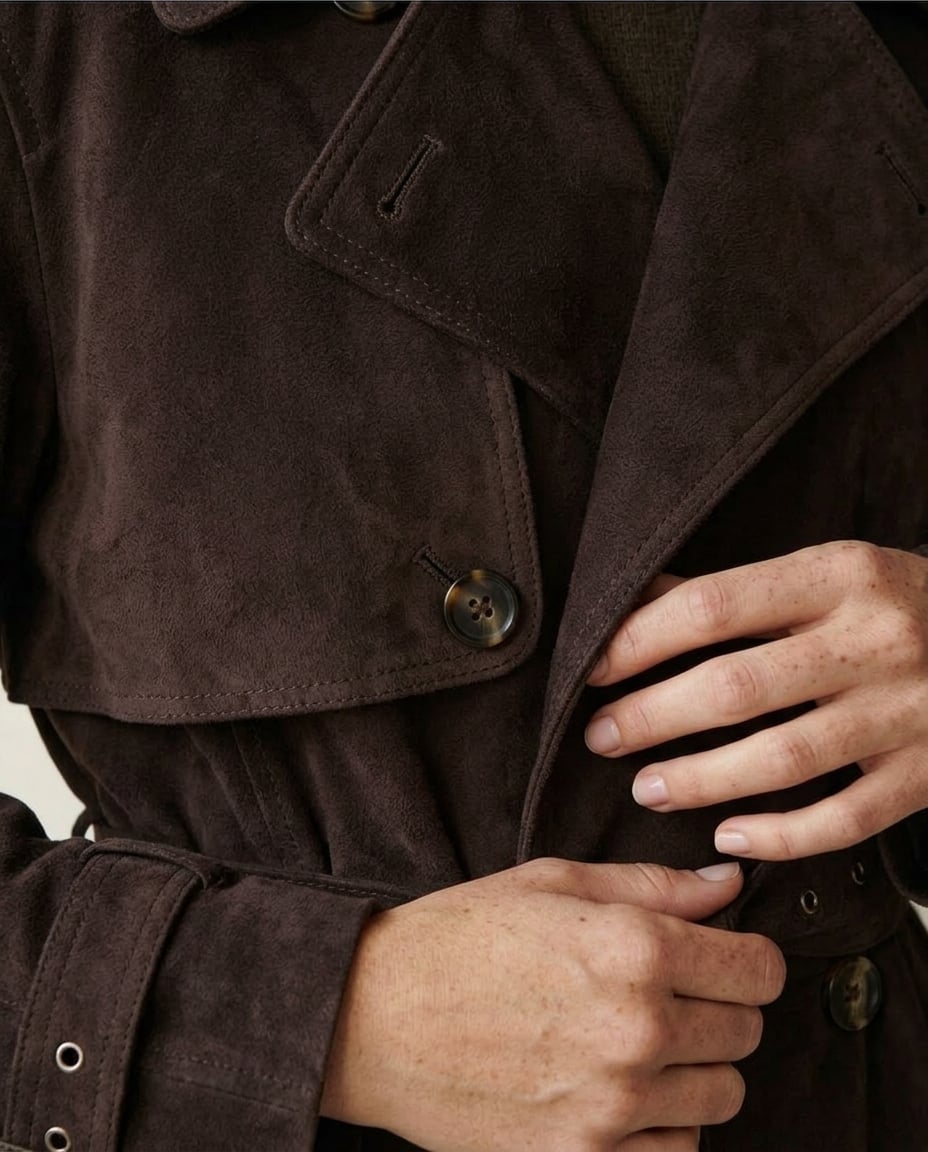 Isla | Elegant Suede Trench Coat for Winter - Detail Close-Up