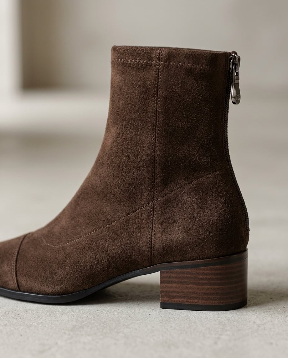 Chocolate ankle boots material and heel detail | Maison Perigee — detail