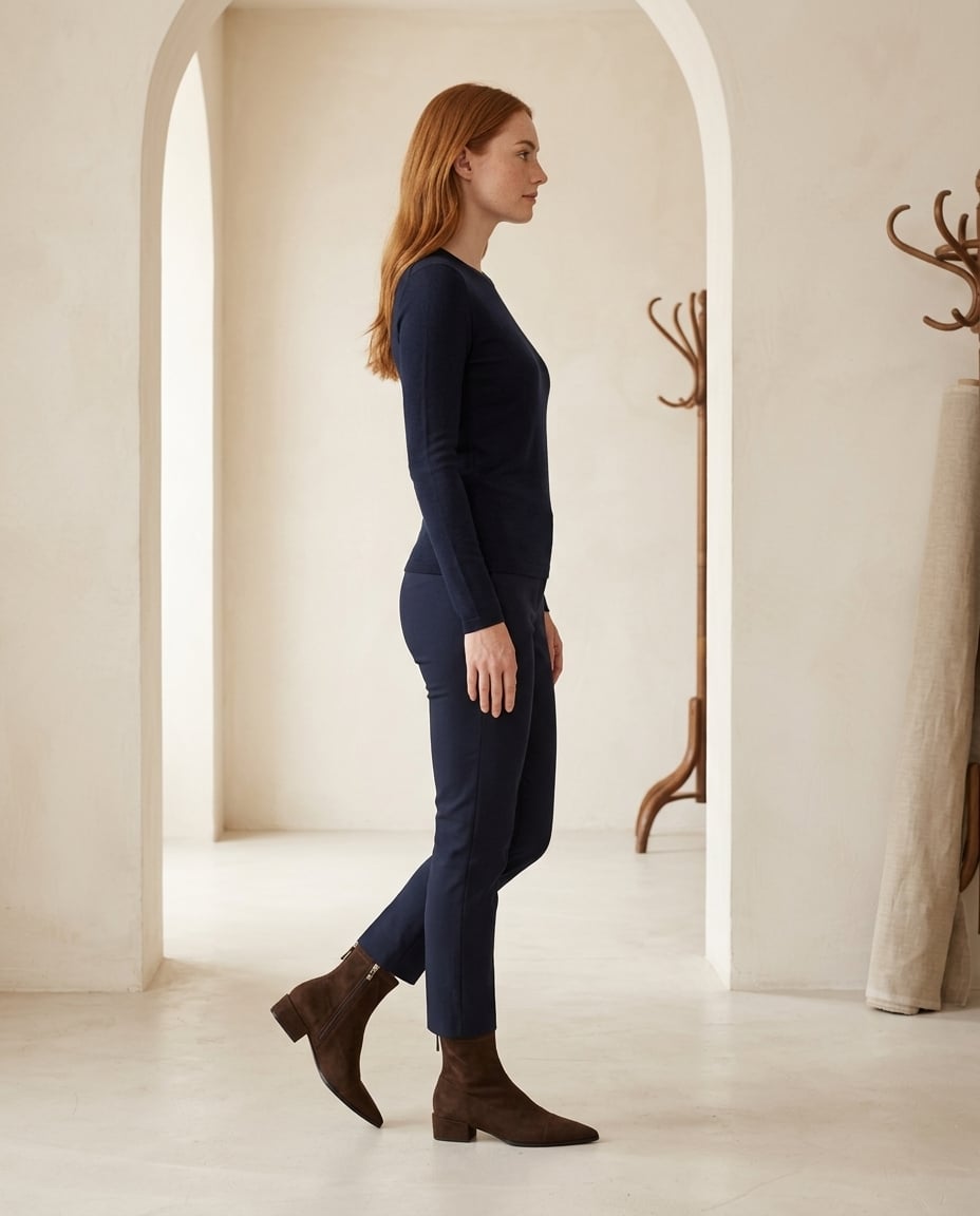 Chocolate ankle boots on model, side profile | Maison Perigee — side