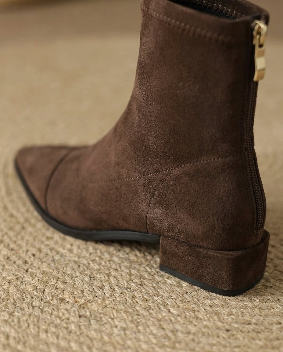 Chocolate ankle boots material and heel detail | Maison Perigee — detail