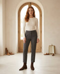 Chocolate ankle boots on model, front view | Maison Perigee — front