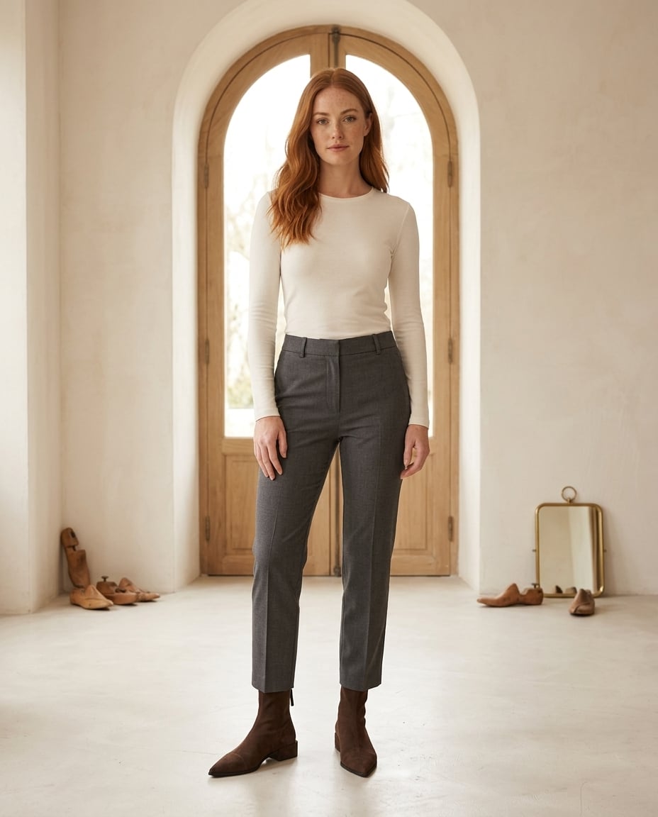 Chocolate ankle boots on model, front view | Maison Perigee — front