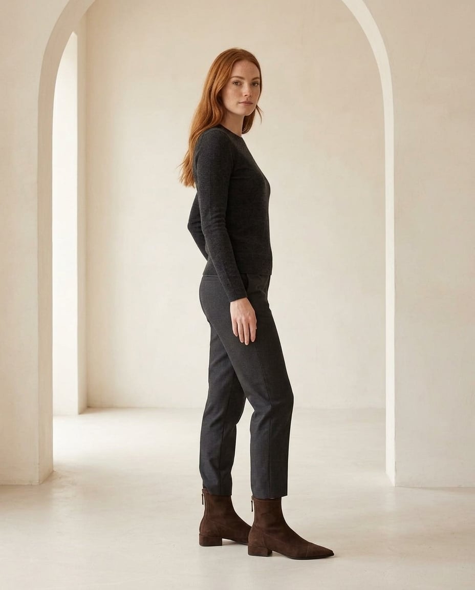 Chocolate ankle boots on model, side profile | Maison Perigee — side