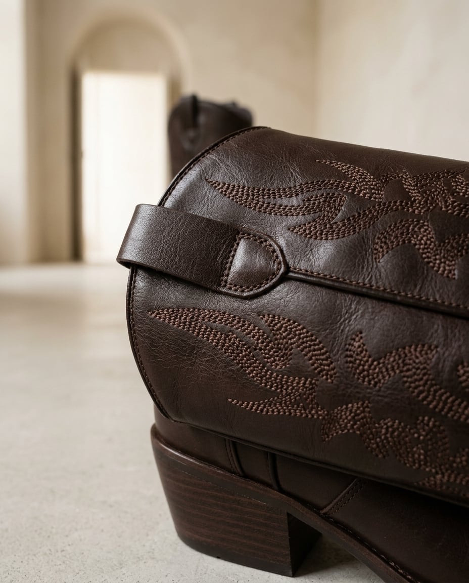Chocolate knee-high boots material and heel detail | Maison Perigee — detail