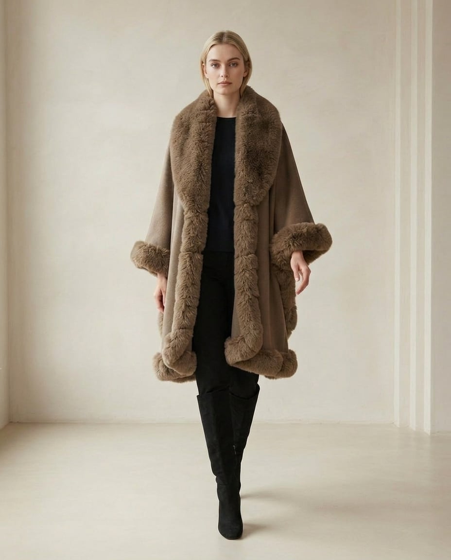 Lily | Elegant Faux Fur Trimmed Cape for Winter — front | Maison Perigee