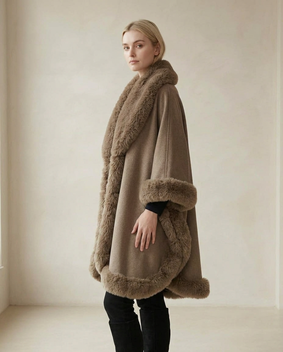 Lily | Elegant Faux Fur Trimmed Cape for Winter — side | Maison Perigee