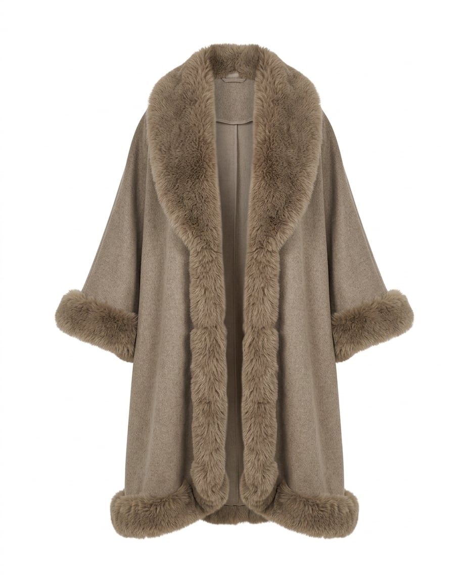 Lily | Elegant Faux Fur Trimmed Cape for Winter — product white bg | Maison Perigee