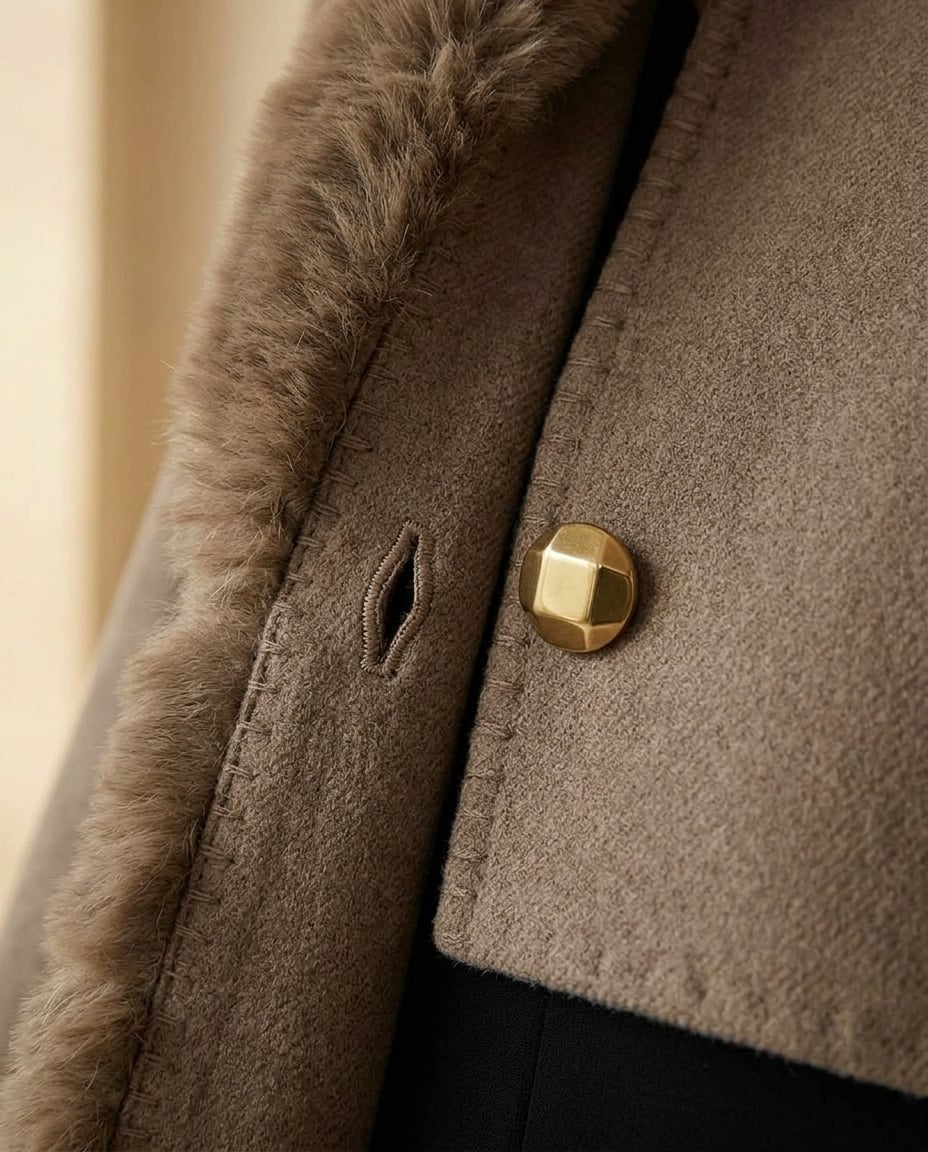 Lily | Elegant Faux Fur Trimmed Cape for Winter — detail | Maison Perigee